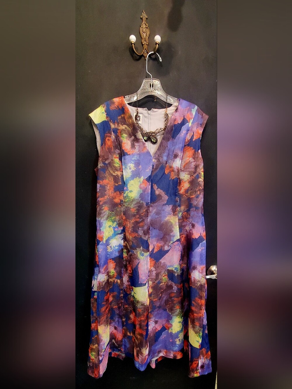 Anne Klein Multicolor Abstract Midi Dress in Blue, Purple, Orange, Yellow